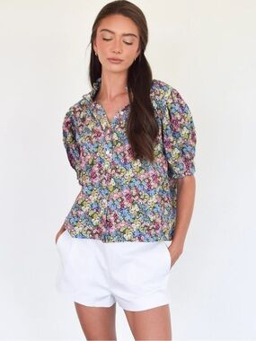 Never A Wallflower Floral Button-Front Ruffle Collar Blouse - Blue Pink Green